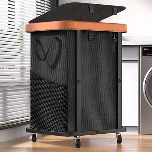 150L (40 Gal) Large Fashion Laundry Basket with Wheels, Leather Patchwork Rolling Hamper Carts, Sturdy Metal Frame, Removable Washable Bag, Tall Clothes Sorter for Bedroom, Laundry Room, Dorm - Black