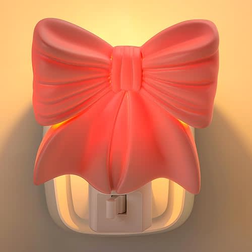 Pink Bow Resin Night Light Plug in Dusk to Dawn Decorative Night Lights for Indoor Bedroom, Bathroom Hallway