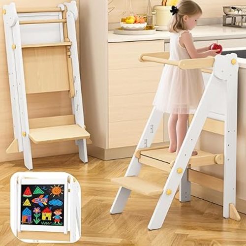 Foldable Toddler Tower, Wooden Toddler Kitchen Stool with 3 Adjustable Heights and Removable White/Blackboard, Montessori Foldable Learning Tower Kitchen Stool, Natural Wood