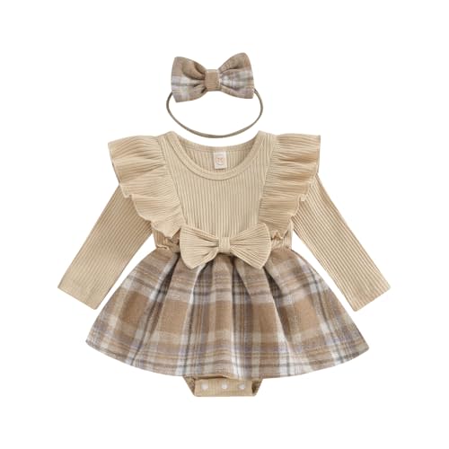 Newborn Baby Girl Fall Winter Outfit Set Plaid Romper Dress Ruffles Long Sleeve Clothes Jumpsuit with Bow Headband
