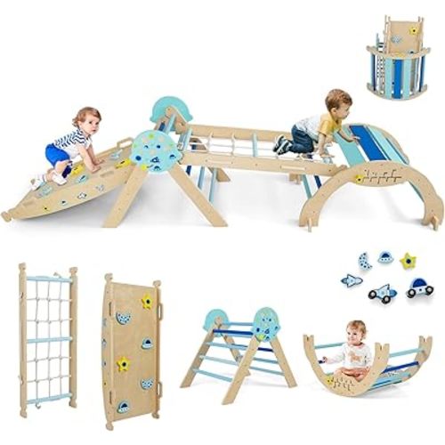Costzon Pikler Triangle Set, 9-in-1 Foldable Baby Climbing Toys, Wood Montessori Climbing Set, Indoor Playground Jungle Gym for Toddlers Climber Gift (Blue)