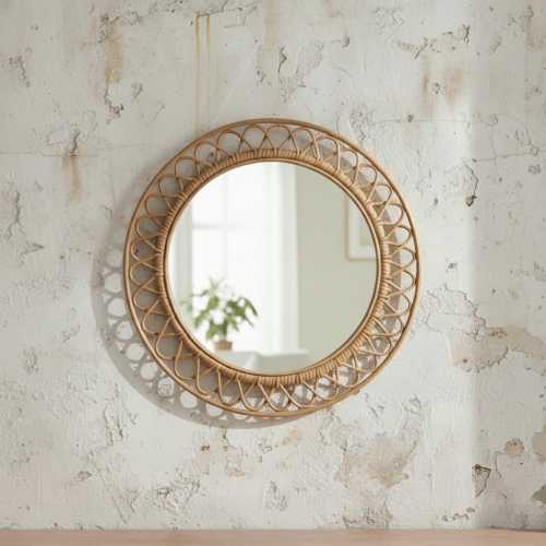 Boho Rattan Wall Mirror | Round Natural Woven Mirror for Home Decor