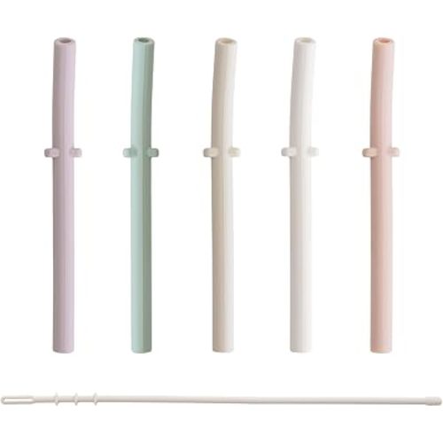 mushie Silicone Replacement Straws for Babies 6 months+ | 5 Pack | 4.75" Long with Cleaning Brush (Petal)