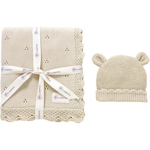 LAWKUL Baby Blanket & Beanie Hat Set 100% Organic Cotton Newborn Swaddle Beanie Soft Cozy for Infants Boy Girl Gift Beige