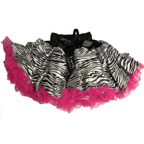 A Zebra Print Fabric Tutu with a hot Pink Tulle Edge and a Black Ribbon Bow.