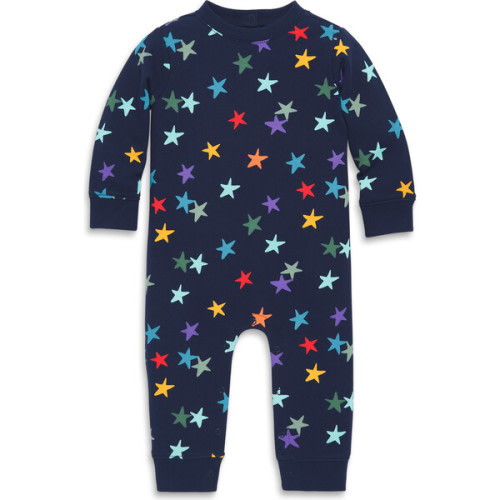 Baby Sweatshirt Romper In Rainbow Confetti Stars, Navy Confetti Stars - Primary | Maisonette