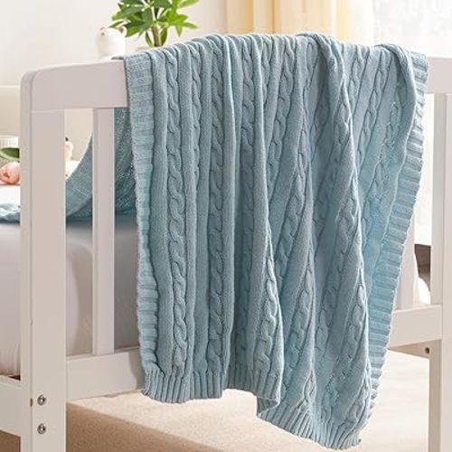 NTBAY 100% Pure Cotton Cable Knit Toddler Blanket, Super Soft Warm Breathable 30x40 Baby Blanket for Crib, Stroller, Nursery, Travel, Newborn, 30x40 Inches, Baby Blue