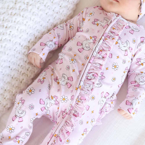 Silly Goose Ruffle Zipper Footie | Pink
