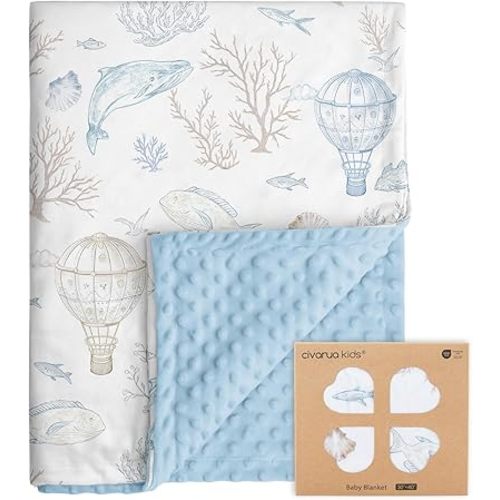 Whale Baby Fleece Blanket Neutral for Boys Girls, Soft Kid Throw Minky Blanket Double Layer with Dotted Backing, 30 x 40 Inch Blue Whale Hot-air Balloon Print