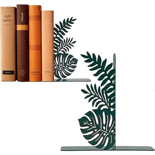 Green Leaf Metal Bookends, Cute Unique Botanical Plant Decorative Book Ends for Bookshelf Office Living Room Reading Room Kitchen Guest Room, Nature Tropical Jungle Hawaii Home Decor