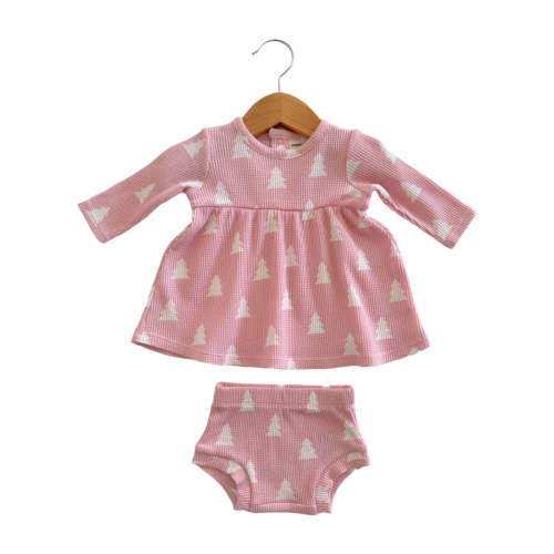 Organic Waffle Simple Dress & Bloomer, Pink Christmas Trees