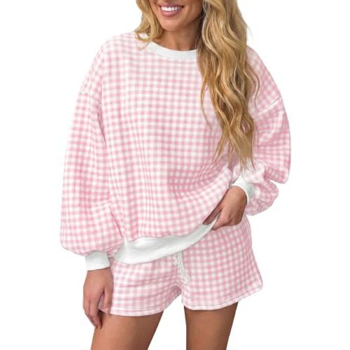 Fisoew Womens Gingham 2 Piece Outfits Loungewear Sweatshirt Shorts Sets