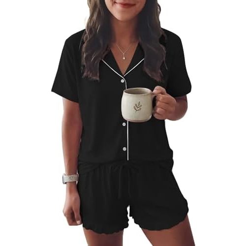 Ekouaer Womens Pajama Sets Button Down Short Sleeve Top and Shorts Cute Ruffled Pjs Sets Sleepwear