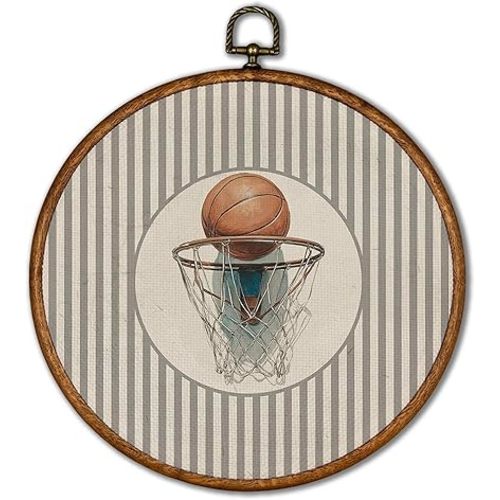 KSDUT Vintage Basketball Wall Art Decor - Retro Sports Trendy Wall Art Canvas Frame Hanging Prints, Nursery Sports Gallery Round Artwork Decor for Boys Room Home Decorations 10"x10"