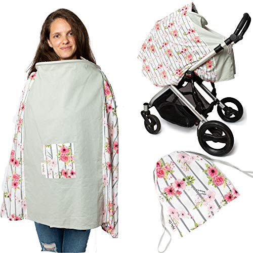 Nursing and Breastfeeding Poncho Patent Pending 360 Full Coverage Wired Nursing Cover and Apron - Breathable, Soft Cotton Carseat, Stroller Canopy Multifunctional Baby Shower Gifts (Pink Floral)