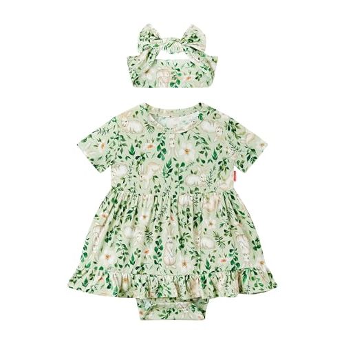 EASWEET Infant Baby Girl Bodysuit Dress with Hairband Set, Bamboo Viscose Summer Clothes Outfit