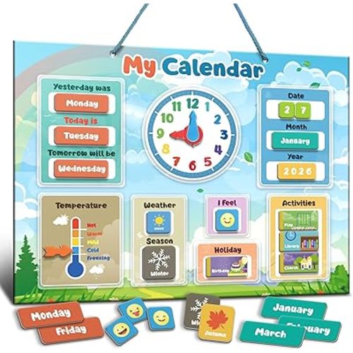inamio Magnetic Kids Calendar for Learning - Classroom, Preschool Calendar for Kids and Toddlers - Days of The Week Chart - Today, Months and Weather