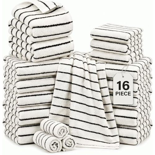 Striped Bath Towel Set Cotton, Black White Striped A, 16 Pack