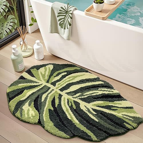 LUMI Cute Bathroom Rugs with Green Leaf Plant, Soft, Fluffy, Plush, Absorbent, Quick Dry, Non Slip, Machine Washable for Shower Floor, Bathroom, Bedroom, Kids Room, 32"x48", Dark Monstera
