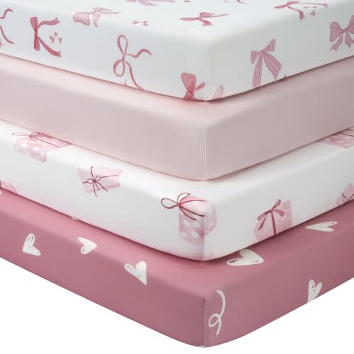Baby Crib Sheets Girl, Toddler Bed Sheets Fitted for 52”x28” Standard Crib and Toddler Mattresses, 4 Pack Soft Breathable Stretchy Lovely Gift Bows