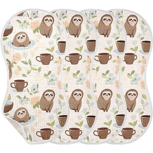 Cute Sloth Animal Flower Burp Cloths for Baby Boys Girls 4 Pack Burping Cloth, Burp Clothes, Newborn Towel, Milk Spit Up Rags,Burpy Cloth 202a7678
