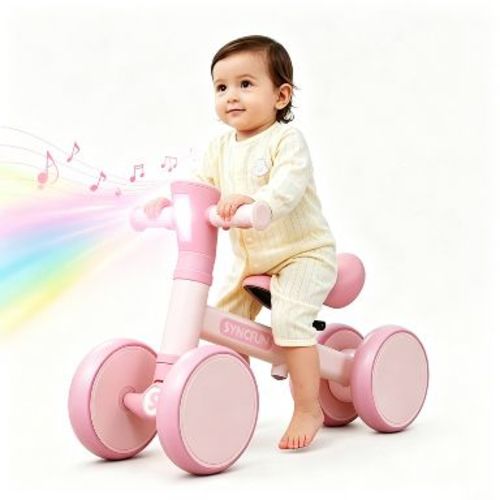 Joyfy Pink Baby Balance Bike with LED Light and Music for Boys Girls Aged 1 2 3, 4 Wheels Baby First Bike Adjustable Baby Walker Bike Gift for Kids