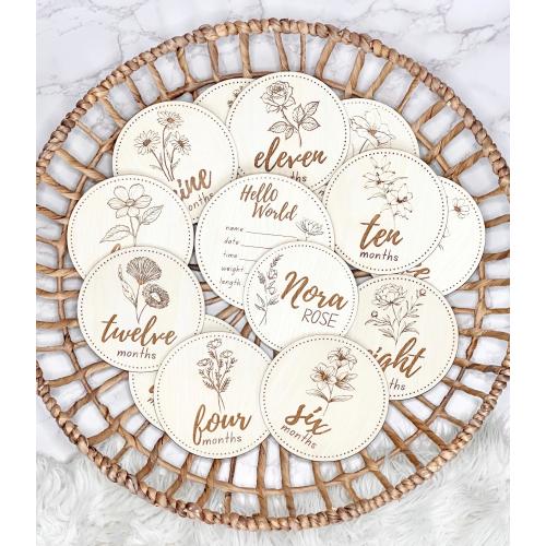 Baby Floral Month Milestones | Wooden Engraved Monthly Discs | Flower Milestone Markers | Baby Name Sign | Newborn | Hello World | Photos