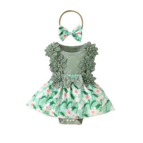 Atogsazn Baby Girls Clothes Set Toddler Infant Ribbed Jumpsuit Romper Floral Skirt Outfit with Headband Z-Green 0-3 Months Fashion