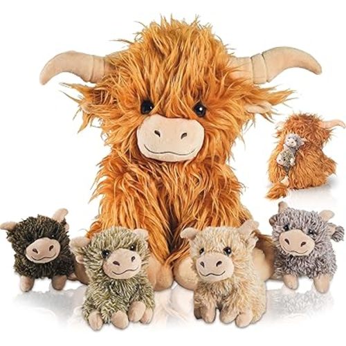 5 Pcs Highland Cow Stuffed Animal, 14" Fluffy Stuffed Highland Cow Plush Toys with Babies Inside Mommy Scottish Highland Cows with 4 Baby Calves for Kids Christmas Birthday Surprise Gift