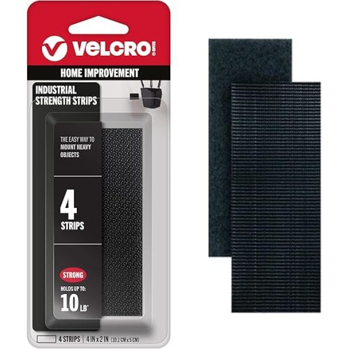 VELCRO Brand Heavy Duty Fasteners | 4x2 Inch Strips 4 Sets | Holds 10 lbs | Stick-On Adhesive Backed | Black Industrial Strength | For Indoor or Outdoor Use, 90209