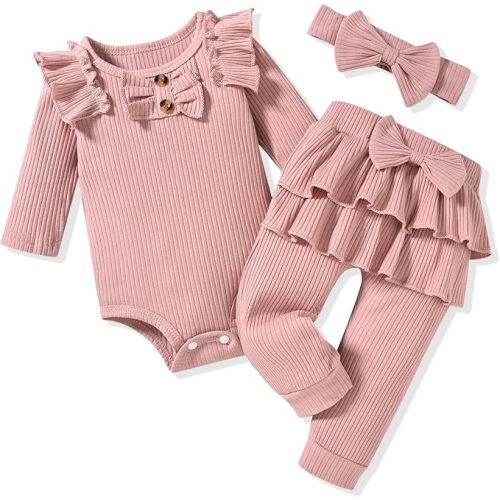 Aalizzwell Preemie Newborn Infant Baby Girls Clothes Ribbed Bodysuit Pants Set Fall Winter Outfits
