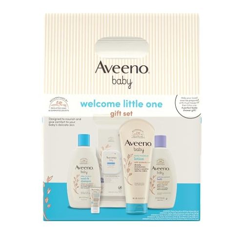 Aveeno Baby Welcome Little One Gift Set, Baby Essentials Set with Daily Moisture Wash and Shampoo, Calming Comfort Bath, Sensitive All Over Wipes, Body Lotion, & Healthy Start Balm, 5 Items