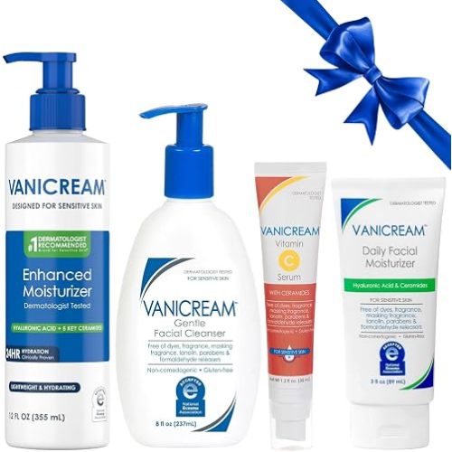 Vanicream Skin Care Set for Sensitive Skin, Complete 4-Step Daily Routine, Includes Gentle Facial Cleanser, Brightening Vitamin C Face Serum, Hydrating Face Moisturizer & Enhanced Body Lotion