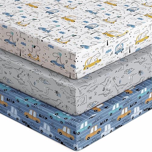 Baby Crib Sheets for Boys Girls, 28x52x8in Fitted Crib Sheet Neutral 3 Pack for Standard Crib and Toddler Mattress, Breathable Soft Microfiber Baby Sheet Grey & Blue Car