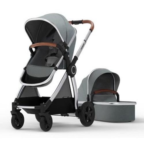 Mompush Ultimate 2 Full Size Stroller with Bassinet - Gray Fabric Silver Frame