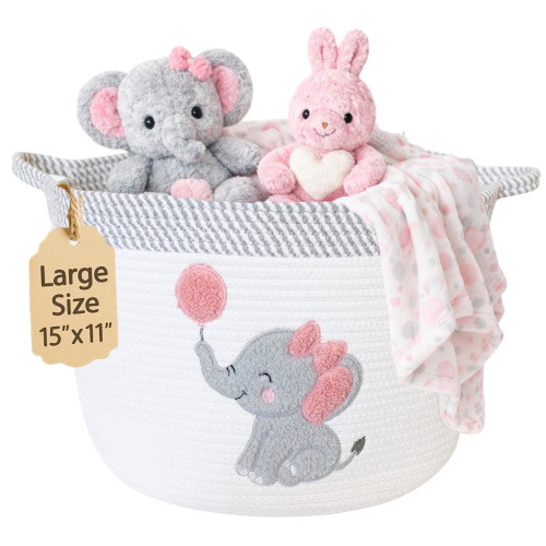 Elephant Nursery Basket - Pink and Grey Baby Girl Room Decor - Woven Cotton Rope Storage Basket - Cute Animal Toy Bin - Safari Shower Gift
