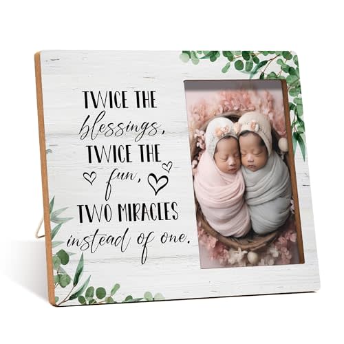 Twins Photo Frame - Twice The Blessings Twice The Fun Pregnancy Announcement Picture Frame - Baby Twin Gifts - Twin Boys Girls Gift For Babies, Twins Gifts For Mom -B04