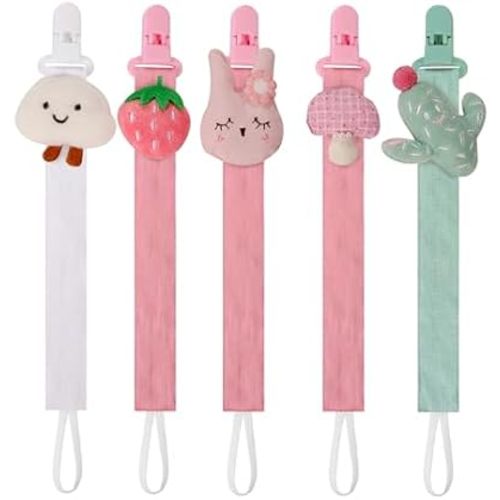 5 Pack Pacifier Clips for Baby Girls and Boys, Multicolor Fabric Straps,5pcs Straps, Approx. 11 in / 29 cm, Resin Clips with Inner Grip Design, Fits Most Pacifiers with Handles