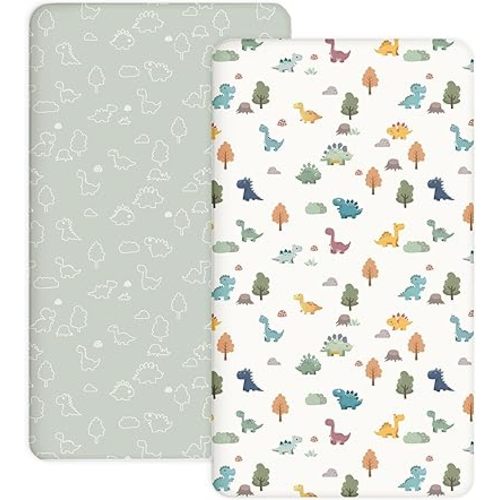 Pack and Play Sheets 2 Pack, Fitted Jersey Knit Mini Crib Sheets for Baby Boys and Girls, Compatible with Graco Pack N Play and Mini Crib Mattress (Sage Dino, Pack N Play/Mini Crib Sheets)