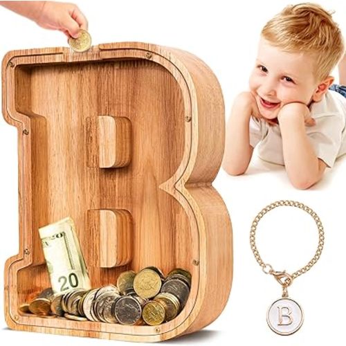 SummiDate Wooden Letter Piggy Bank| Piggy Bank for Boys Girls Toddler| Alphabet B Money Bank| Coin Bank Birthday Gift for Kids|Birthday Easter Gift for Kids (B)