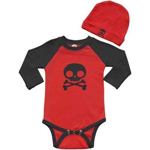 Long Sleeve Raglan Bodysuit and Cap Set - Skull
