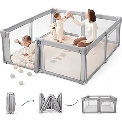 Sweeby Baby Playpen, 59x59 Inch Gate Foldable for Babies and Toddlers, Extra Large With Door Play Yard for Fence Indoor and Outdoor, Gray