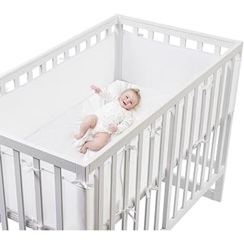 4 Sides Crib Mesh Liner for Most Full-Size Cribs, White Mesh Teething Cover—l(82in x11in) (White)