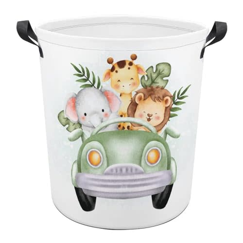 Huryilo Cartoon Baby Laundry Basket Jungle Nursery Decor Elephant Giraffe Hampers Boys Hamper Clothes Toy Storage Bin Kids