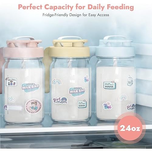 Papablic Glass Breastmilk Pitcher, Formula Mixing Pitcher with Mixing Handle Lid, Wide Mouth Mason Jar Mixer with Flip Locking Spout, Easy to Clean, BPA Free, Pink