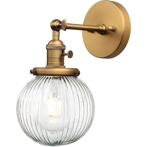 PERMO Vintage Industrial Wall Sconce Lighting Fixture with Mini 5.9" Round Clear Globe Ribbed Glass Shade (Antique Brass Gold)