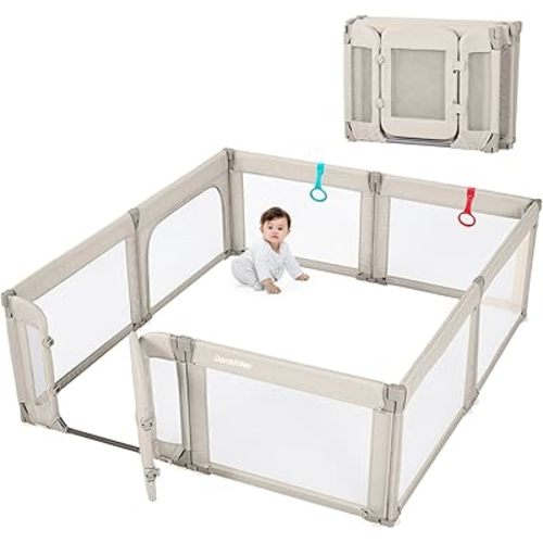 Baby Playpen with Door, Foldable Adjustable Play Pen for Babies and Toddlers,Heavy-Duty Play Yard Fence Play Area, Large Toddler Playpen,Khaki