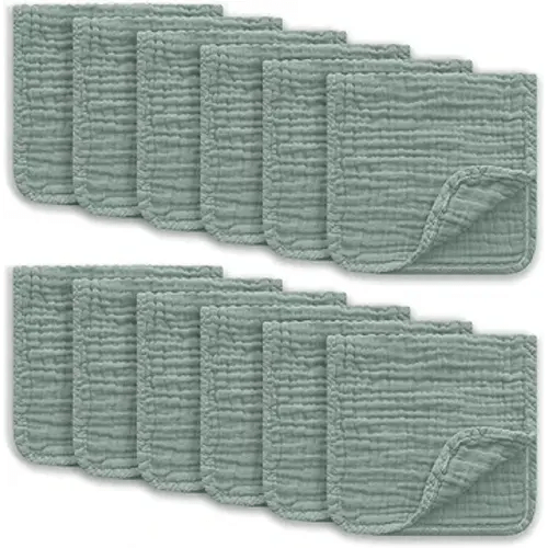 Muslin Burp Cloths Large 100% Cotton Hand Washcloths for Boys & Girls, Baby Essentials Extra Absorbent and Soft Burping Rags for Newborn Registry (Green, 12-Pack, 20" X10")