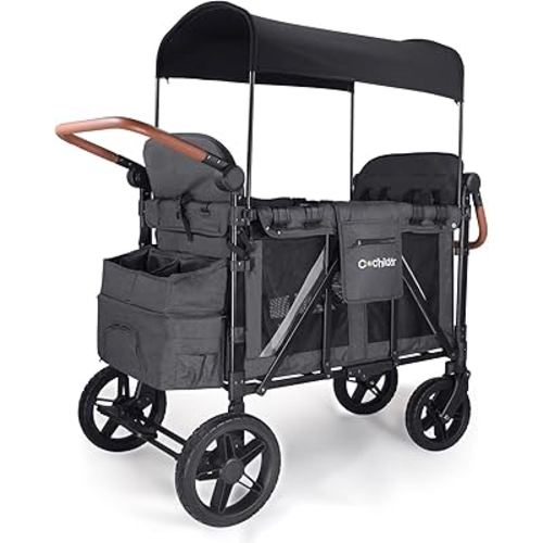 Premium 4-Seater Wagon Stroller for Kids, All-Terrain Heavy Duty Stroller Wagon with 300lb Capacity, 1-Hand Fold, High Seats with 5-Point Harness, Adjustable Canopy & Handlebars, Dark Gray