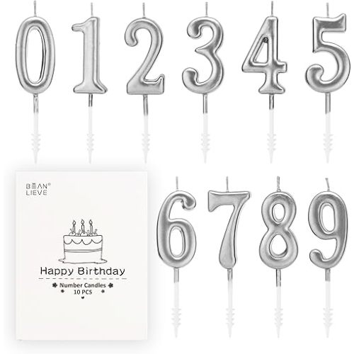 Beanlieve 10-Pieces Numeral Birthday Candles - Cake Numeral Candles Number 0-9 Glitter Cake Topper Decoration for Birthday,Wedding Anniversary,Party Celebration (Silver)